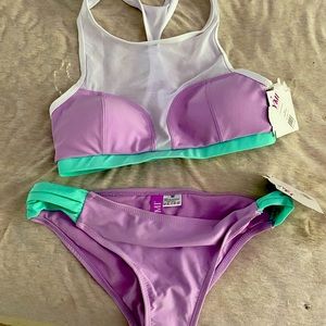 Pink and turquoise bikini, tags attached
